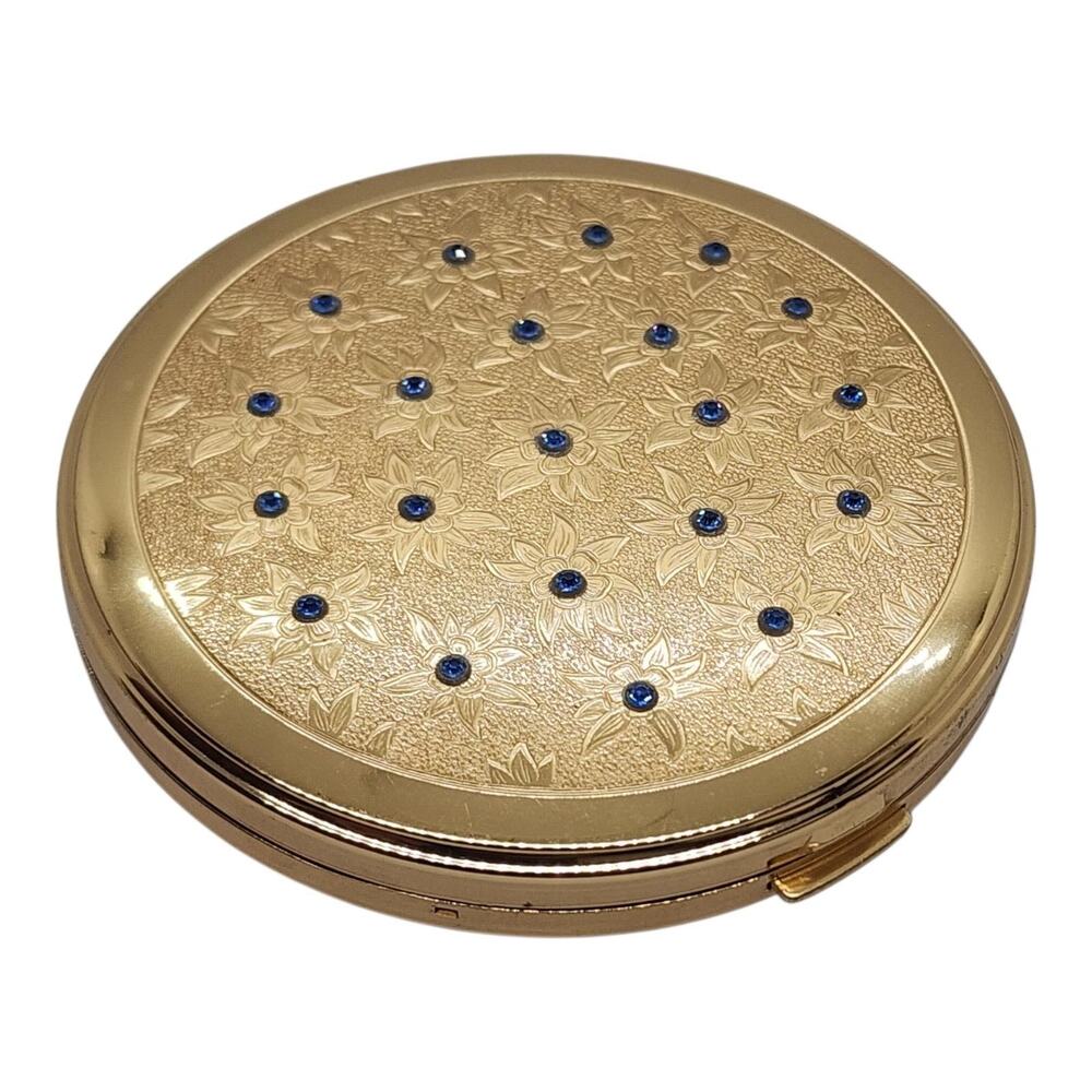 Vintage Contessa Eliz Arden Powder Compact Blue Jeweled Floral Lid Switzerland